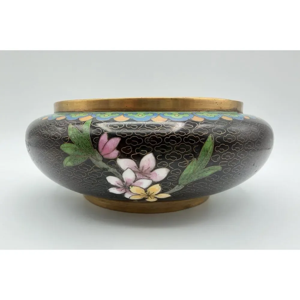 Chinese Cloisonné Lidded Bowl Hand Painted Enamel Flowers & Butterflies Vintage